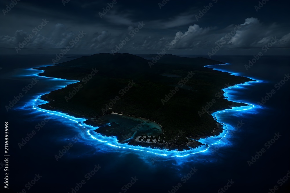 Obraz premium Bioluminescent Surf Outlines A Remote Island Shoreline With Glowing Blue Light In Total Ocean Darkness