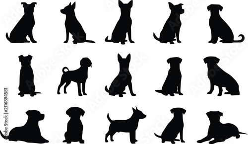 Dog Silhouettes Set Various Poses Black