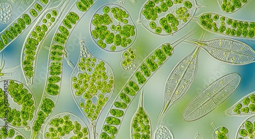 A microscopic view reveals a diverse community of algae. Various algal species, including filamentous, star-shaped, and spherical forms, are densely packed together.