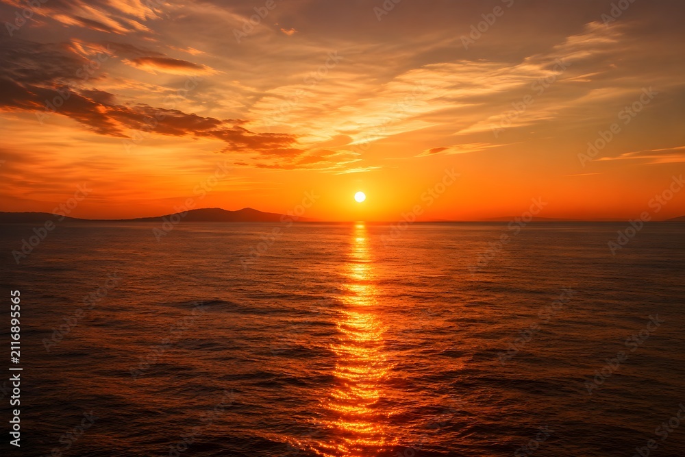 Fototapeta premium Golden Sunset Reflections Create a Radiant Path Across Gently Moving Sea Water at Dusk Beautifully