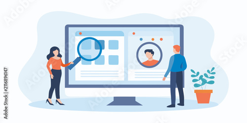 ux ui design review flat vector illustration interface user experience interaction graphic art software development teamwork collaboration analysis inspection magnifying glass computer monitor