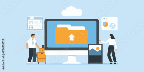 professionals uploading files on computer flat vector illustration people workplace technology data transfer cloud storage folder arrow screen desk office business communication digital