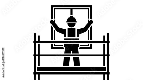 Black and white icon of a construction worker installing a window frame on scaffolding at a building site