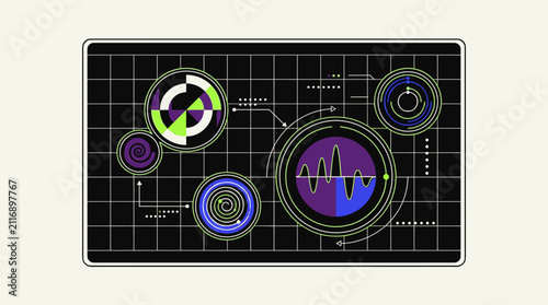 Retro Data Display Screen with Abstract Graphs and Circular Charts, Flat Design Vector Illustration with Neon Accents on Black Grid Background