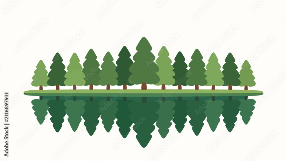 Obraz premium Symmetrical Vector Illustration of Pine Trees with Reflection on Calm Water