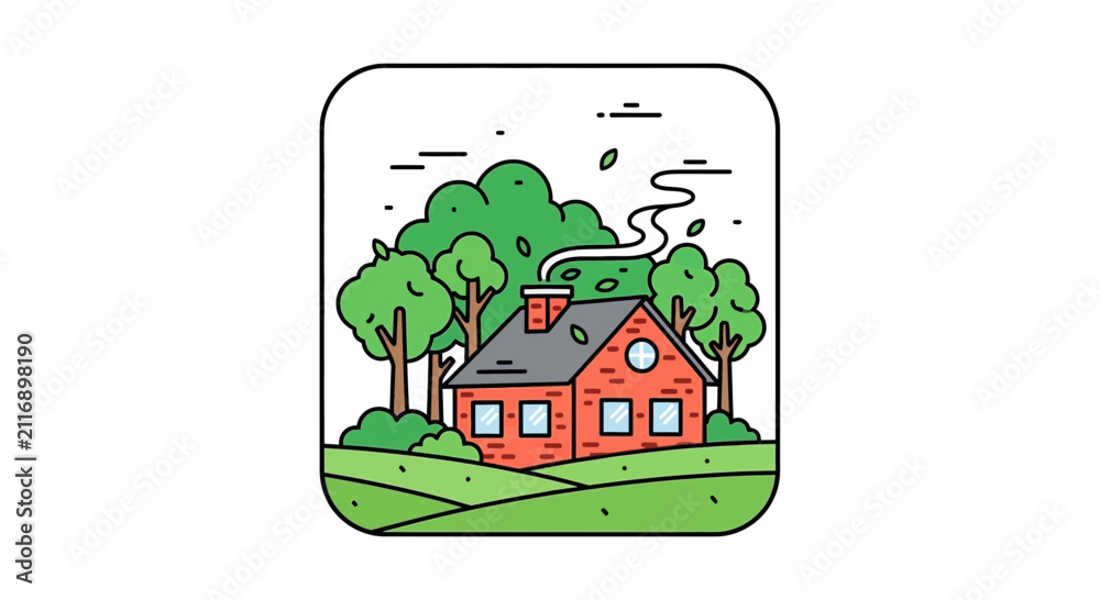 Fototapeta premium Cozy Brick House Surrounded by Lush Green Trees and Rolling Hills