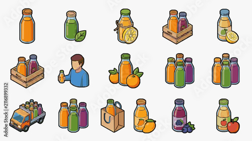 Assorted Juice Bottles and Beverage Icons