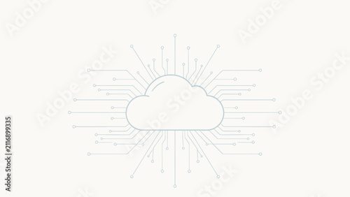 Cloud computing concept with circuit lines radiating from white cloud icon on light background