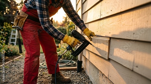 Professional construction worker using a nail gun to install wooden siding on a residential house exterior wall