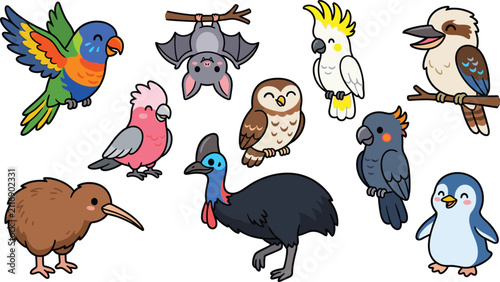 Cute Australian Birds and Wildlife Vector Set Featuring Lorikeet Bat Galah Cockatoo Kookaburra Owl Cassowary Kiwi and Little Penguin Cartoon Characters