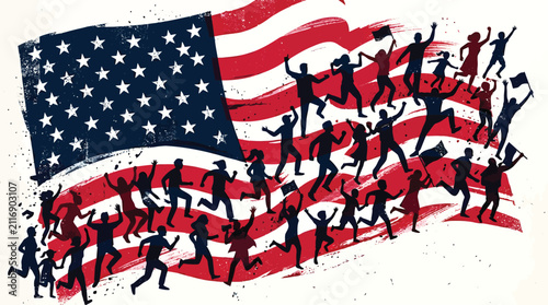 Diverse Crowd Running Towards American Flag Symbolizing Patriotism, Freedom, and National Unity for Commercial Use