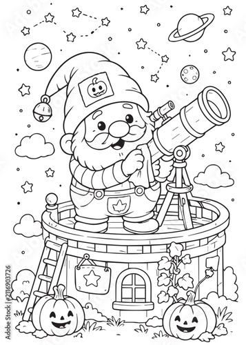 Coloring Page Book Curious Halloween Gnome Exploring the Night Sky with a Giant Telescope