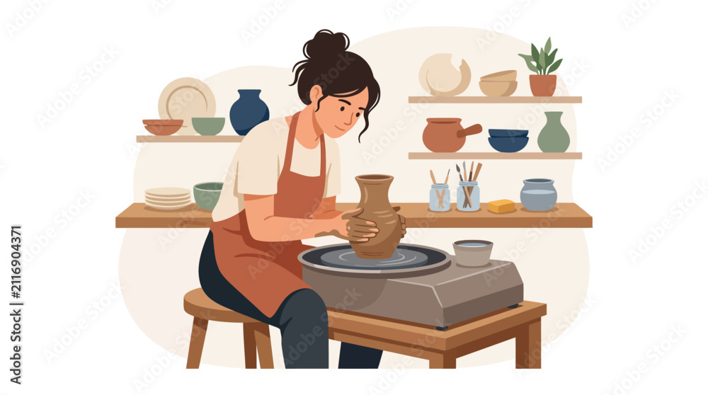 Fototapeta premium Female artist shaping clay on pottery wheel.