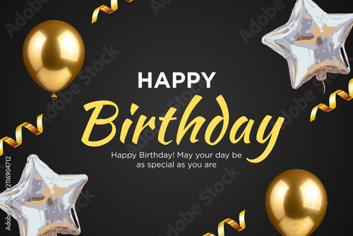 Photography Happy birthday celebration poster with golden balloons and holographic star