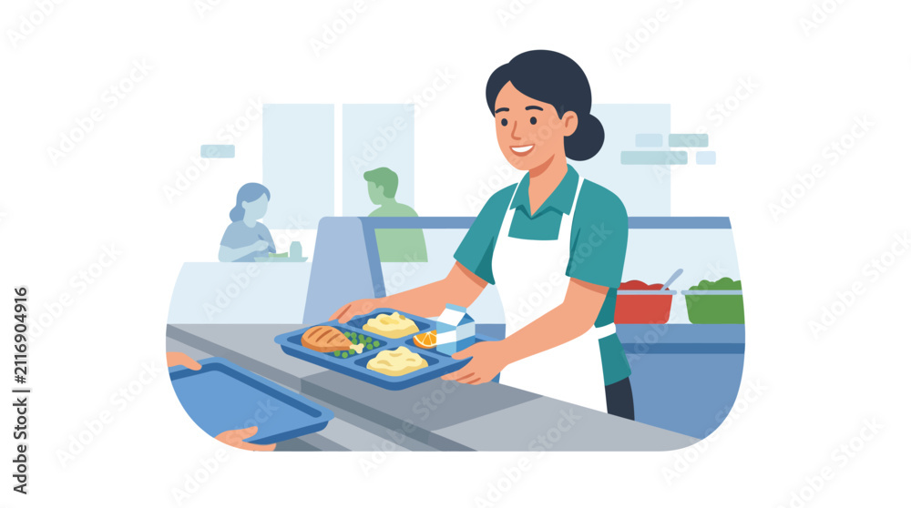 Obraz premium Cafeteria worker serving lunch at school food counter.