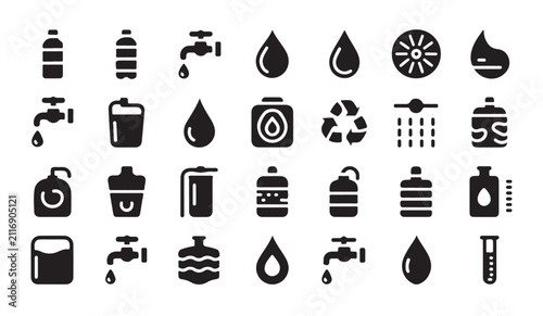 Water supply and resource icons set featuring bottles taps filters and container silhouettes for design.