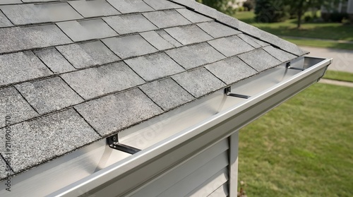 Close up view of a residential roof edge featuring asphalt shingles and metal rain gutters with hangers