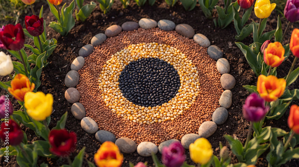 Obraz premium A creative mandala made of black beans, yellow corn, and lentils arranged in a circle, surrounded by vibrant blooming tulips in a spring garden.