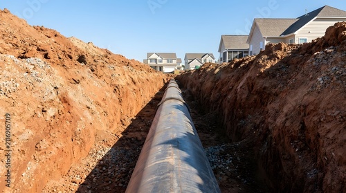 Deep trench excavation for underground utility pipe installation at a new residential construction site during the day