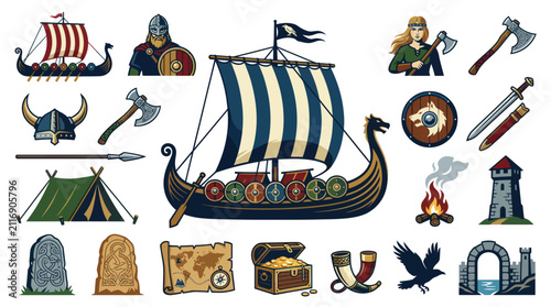 Viking Set: Ship, Warrior, Axe, Shield, Horns, Map, Chest, Buildings, Raven Vector Art