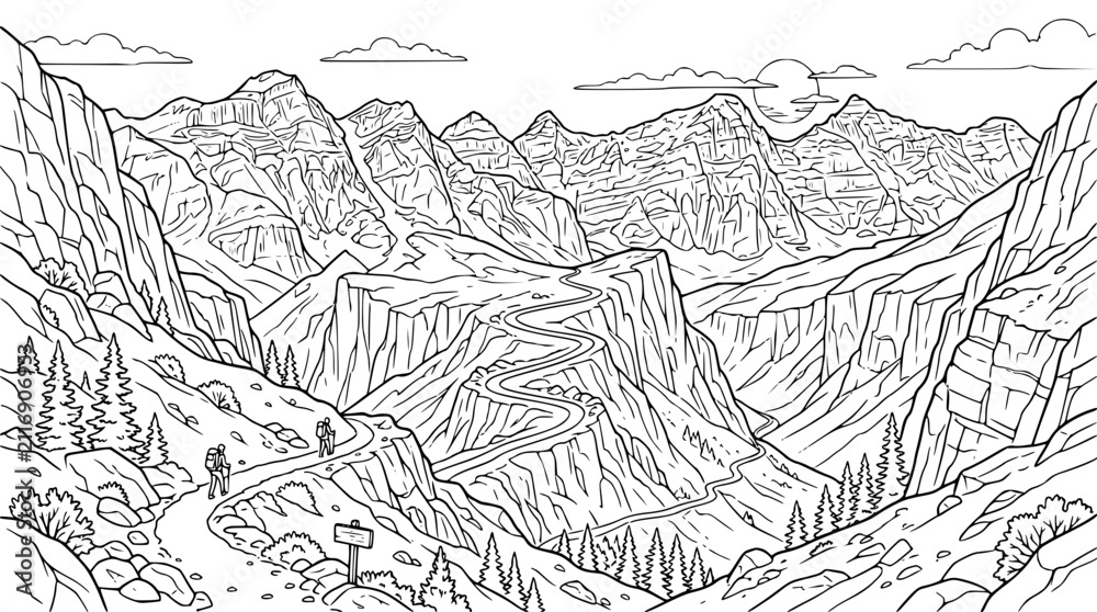 Fototapeta premium Mountain landscape coloring page with hikers and winding road