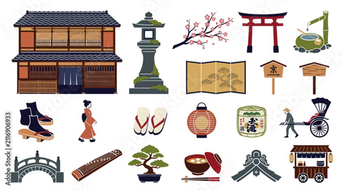 Japanese Culture Flat Design Vector Icons Set: Traditional Japan Travel Elements  Symbols Collection