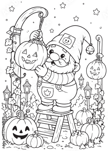 Coloring Page Book Creative Halloween Gnome Carving a Smiling Jack O Lantern Pumpkin