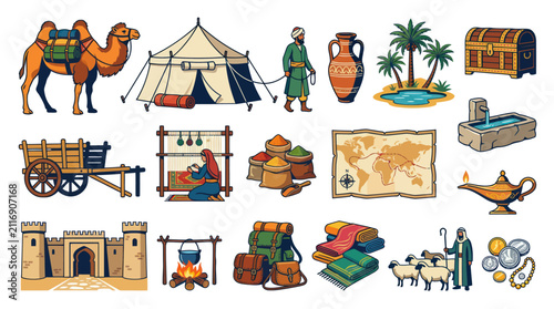 Hand-drawn Vector Icons of Ancient Middle Eastern Culture, History, Trade, and Desert Life Elements Set