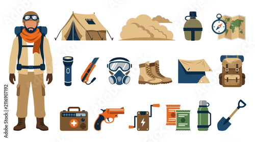 Survival and Camping Outdoor Adventure Gear Flat Vector Illustration Kit with Prepper Equipment