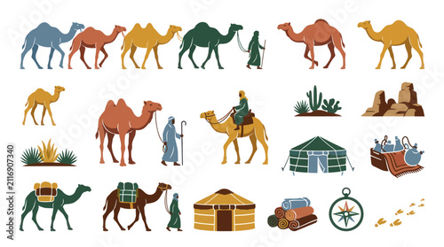 Flat Vector Illustration of Desert Life, Camels, and Bedouins. Arabian Culture and Nomad Travel Icons Set.