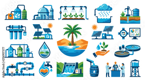 Water Management Technology Icons: Irrigation, Filtration, Solar Power, Reservoir