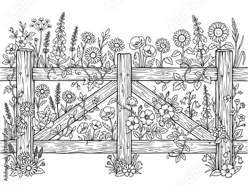 Wildflowers and Wooden Garden Fence Coloring Page Line Art Illustration