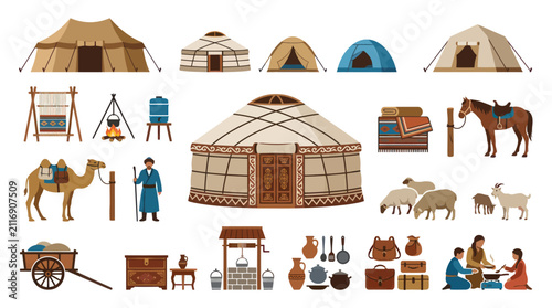 Central Asian Nomadic Culture Flat Vector Illustration Set: Traditional Yurts, Tents, Animals, People, and Items