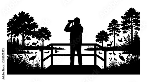 Wildlife Observation Silhouette with Bird Watcher and Animals