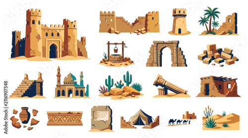 Flat Vector Desert Architecture  Ruins Set: Ancient History, Middle East Travel Elements  Landmarks