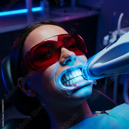 Woman receiving dental whitening treatment with blue light device