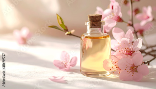 A small glass bottle filled with golden liquid stands amidst delicate pink blossoms and a soft, white backdrop. The focus is on the bottle