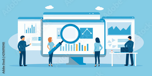 team analyzing data on computer screens flat vector analysis illustration analytics chart graph magnifying glass collaboration workplace business statistics visual interface monitor people