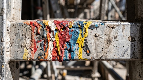 Vibrant drips of paint on a wooden surface, abstract art.