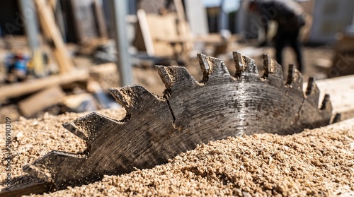 Close-up of an old, rusty circular saw blade lying on a pile of sawdust in a workshop.