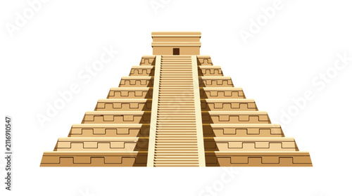 ancient pyramid steps with stairway in desert scene in warm earth tones and geometric shapes