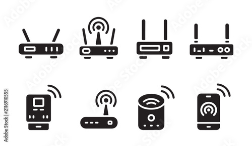 Cuadro en lienzo Collection of modern icons representing wifi routers, smart speakers, and mobile devices