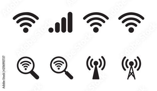 Fotografía Collection of eight wifi signal strength, cell tower and magnifying glass with wifi symbol icons