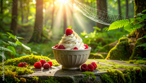 A sunlit forest scene showcasing a creamy dessert topped with fresh raspberries, presented in a bowl amidst vibrant greenery
