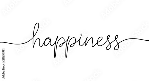 Konstfotografi Handwritten word Happiness in a continuous line drawing on a white background