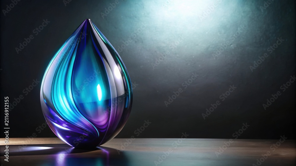 Fototapeta premium A teardrop-shaped glass art piece with swirling blue and purple hues, elegantly displayed on a dark surface under soft light.