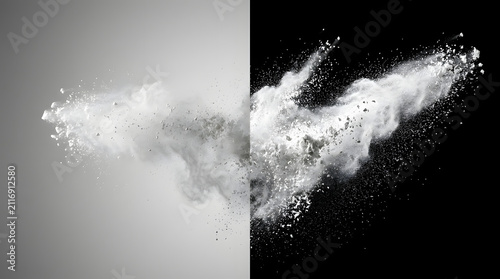 Explosion of White Powder: A dynamic explosion of fine white powder, captured in a frozen moment against a split background of light gray and solid black.
