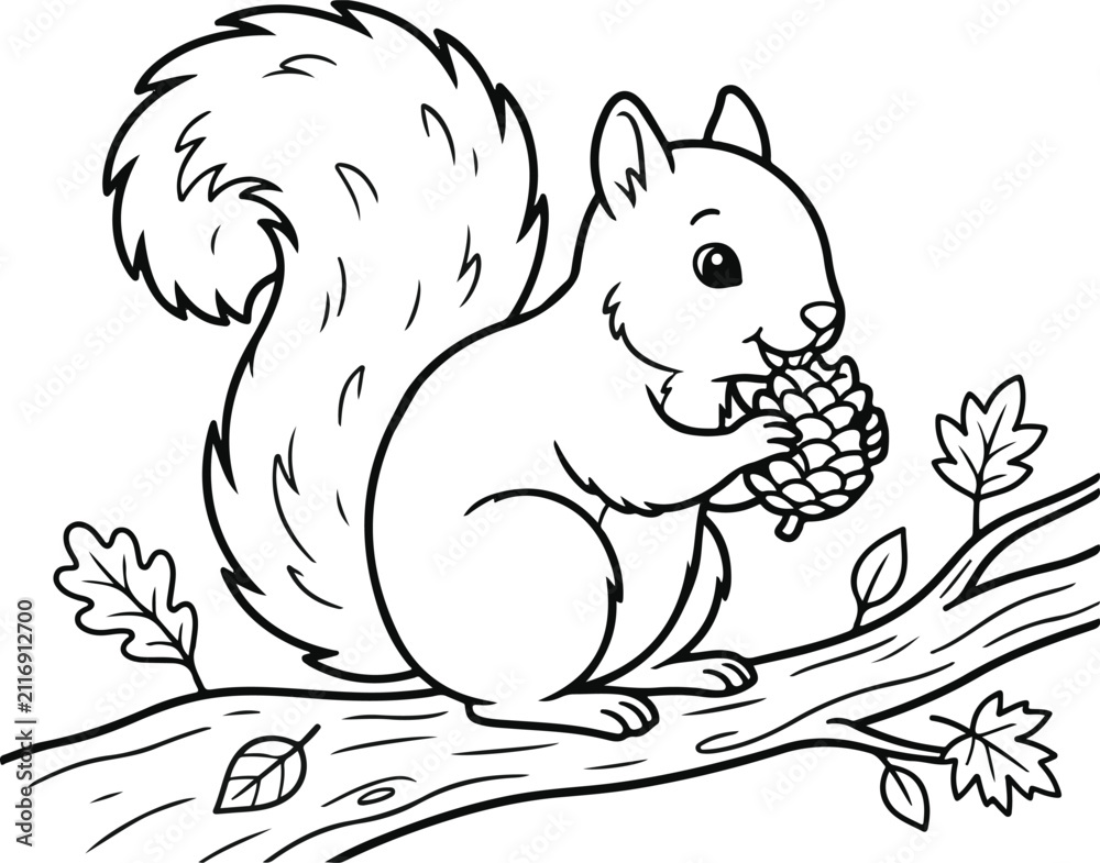 Fototapeta premium Cute cartoon squirrel eating pine cone on branch Vector