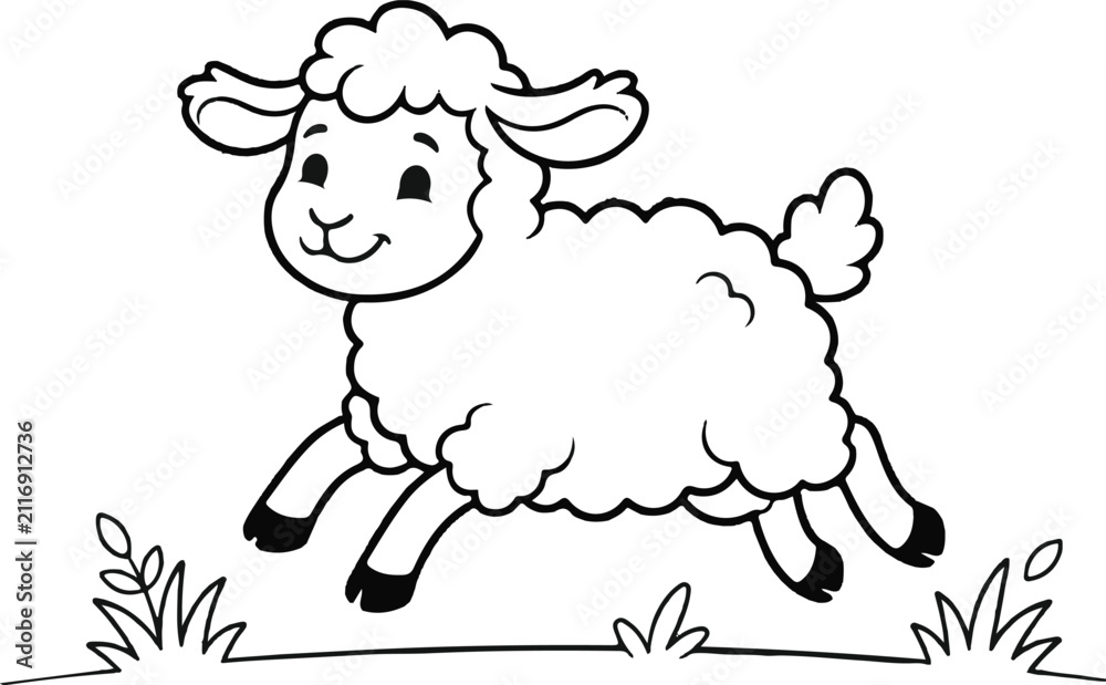 Obraz premium Cute cartoon lamb standing on green grass Vector
