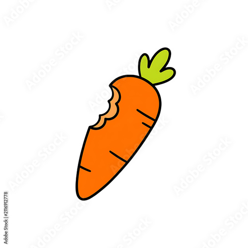 Cute cartoon bitten carrot illustration with bright orange color and green leaves isolated on white background